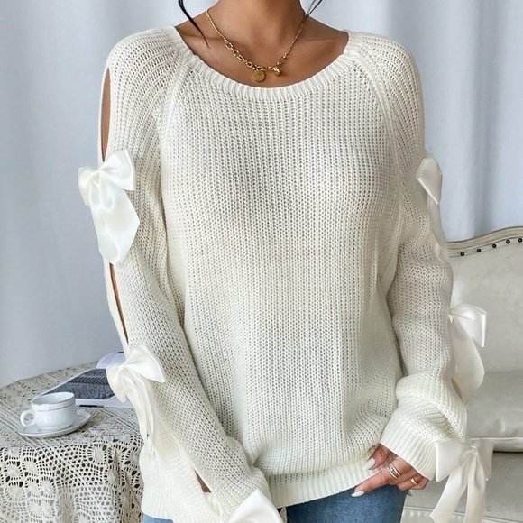 Beige Casual Preppy Womens Bowknot Decoration Hollow Out Raglan Sleeve Sw… - Picture 3 of 5